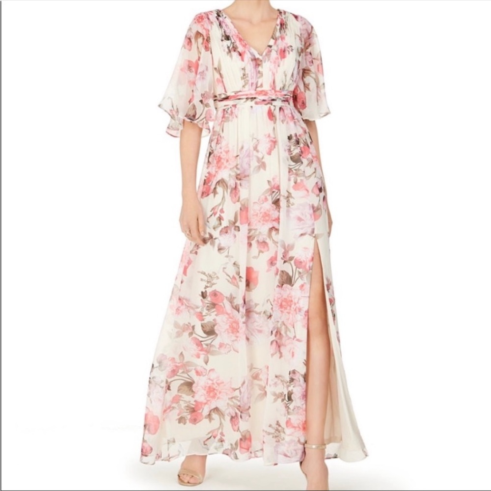 Adrianna papell flutter sleeve chiffon maxi dress floral evening gown - Picture 13 of 14